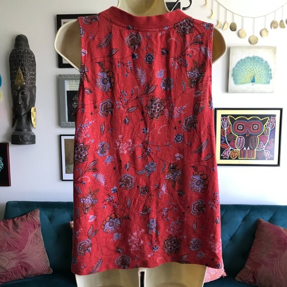 J JILL size M Red Floral Paisley Print Cotton Modal Sleeveless Henley Top - Picture 3 of 4